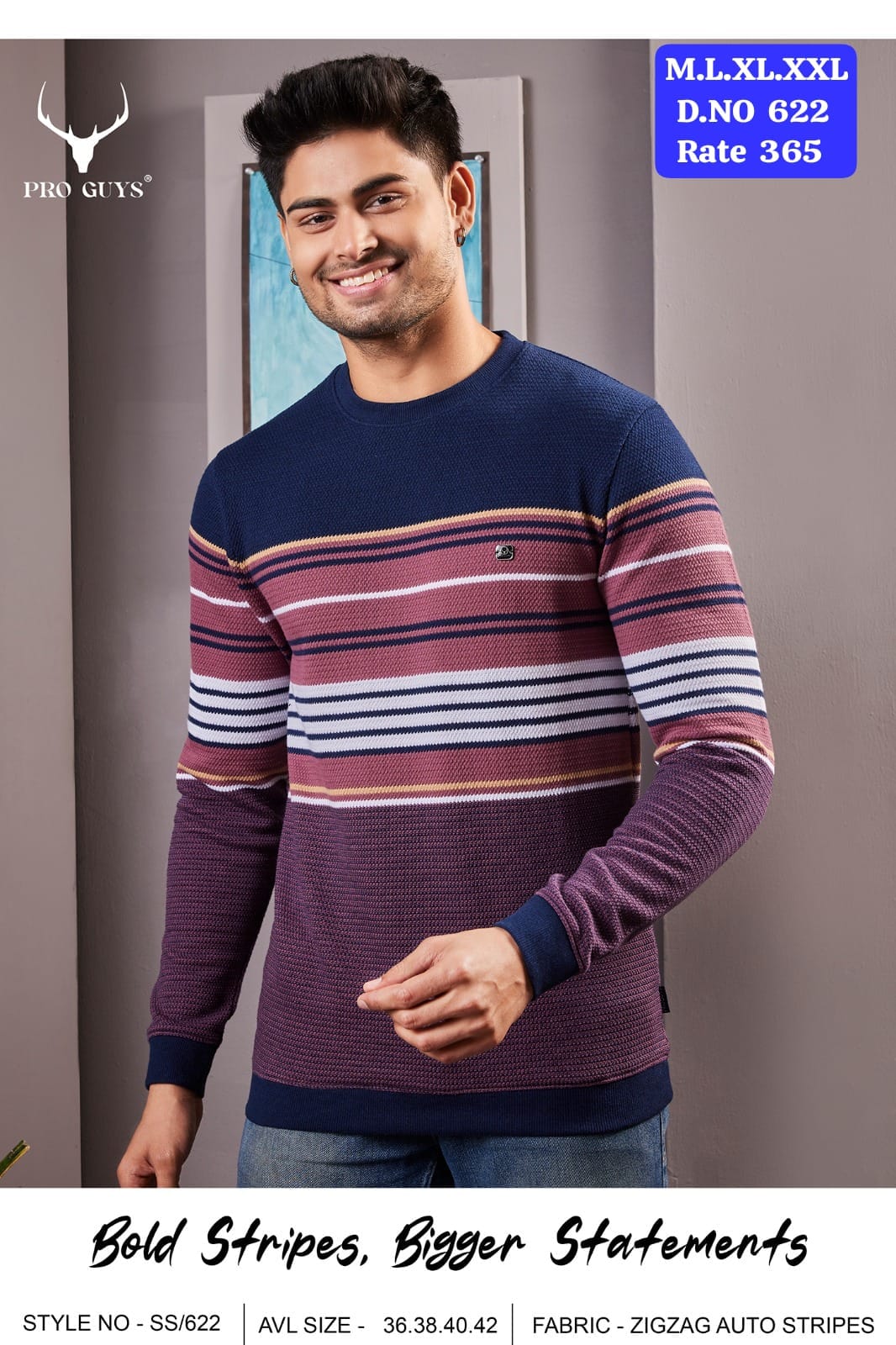 Men's Zigzag Auto Stripes Round Neck Full Sleeve T-Shirt | D.No. SS622