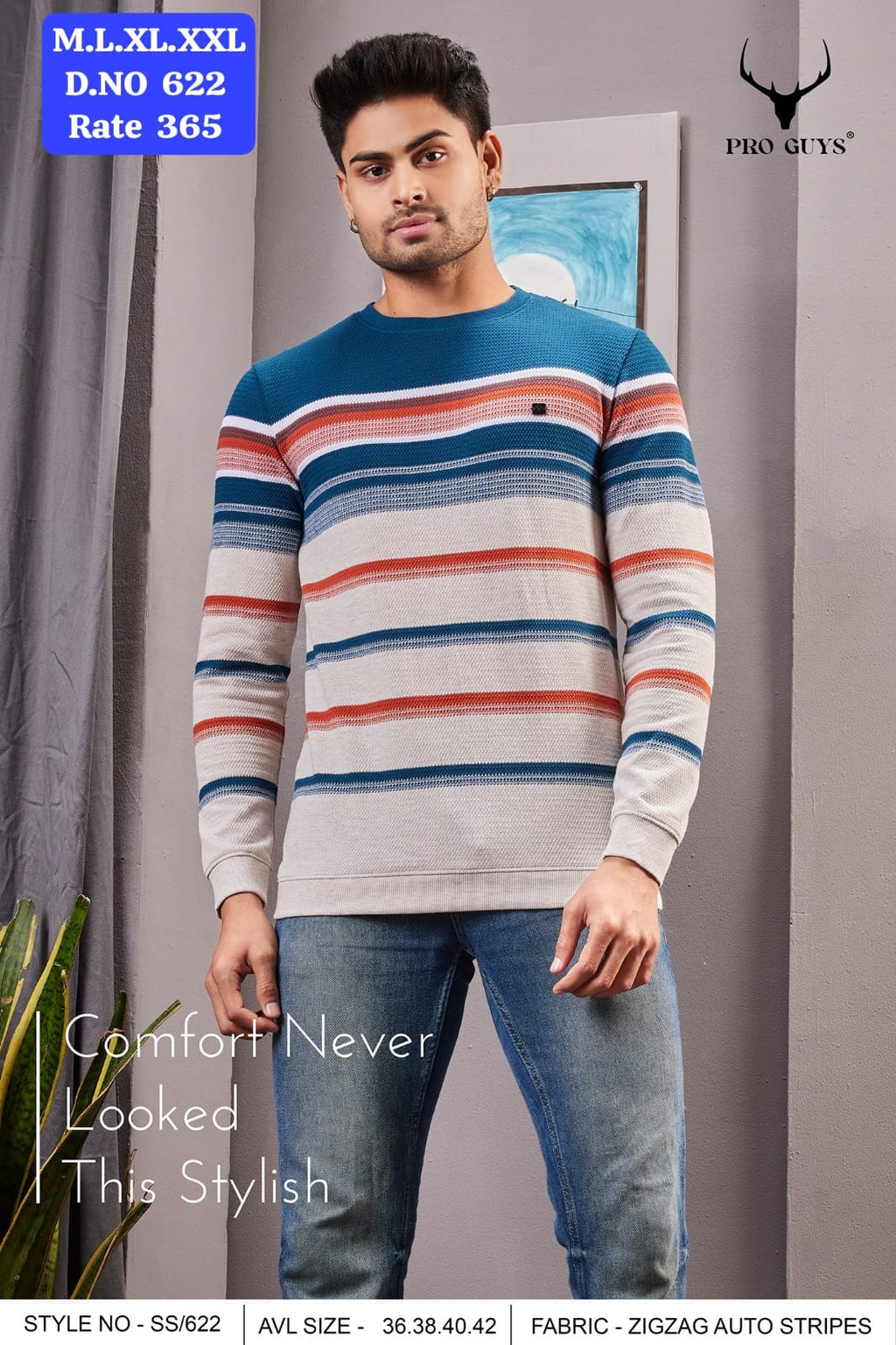 Men's Zigzag Auto Stripes Round Neck Full Sleeve T-Shirt | D.No. SS622