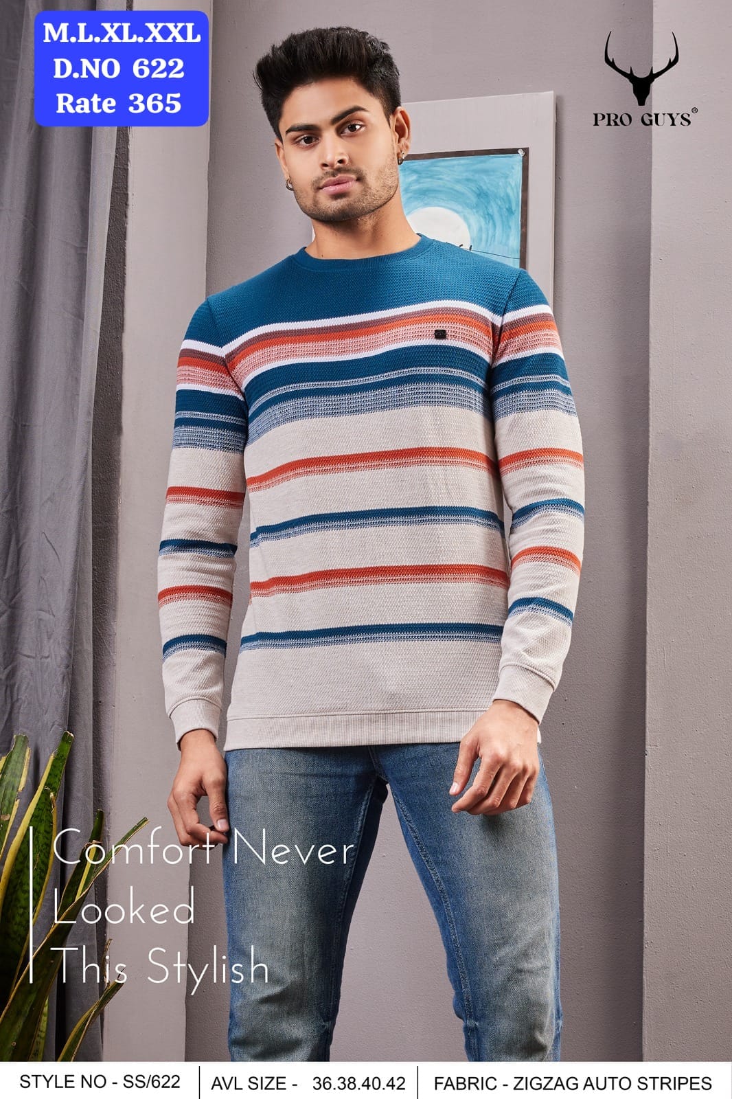 Men's Zigzag Auto Stripes Round Neck Full Sleeve T-Shirt | D.No. SS622
