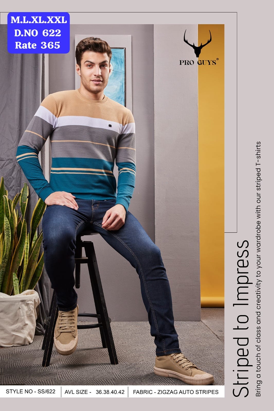Men's Zigzag Auto Stripes Round Neck Full Sleeve T-Shirt | D.No. SS622