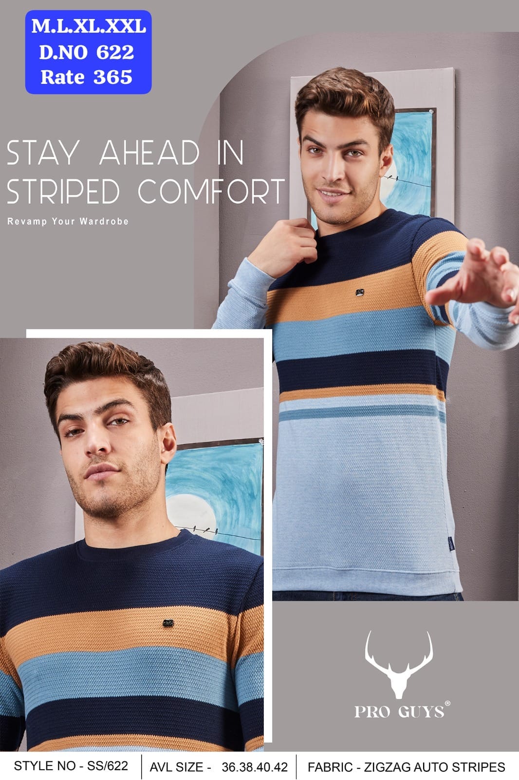 Men's Zigzag Auto Stripes Round Neck Full Sleeve T-Shirt | D.No. SS622