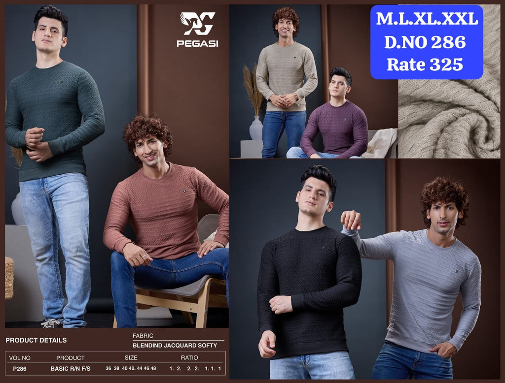 Men's Jacquard Softy Round Neck Full Sleeve T-Shirt | D.No. PG-286