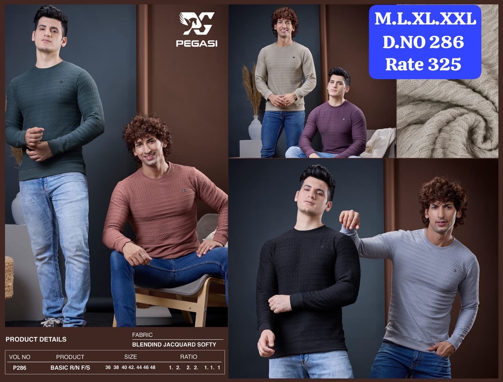 Men's Jacquard Softy Round Neck Full Sleeve T-Shirt | D.No. PG-286