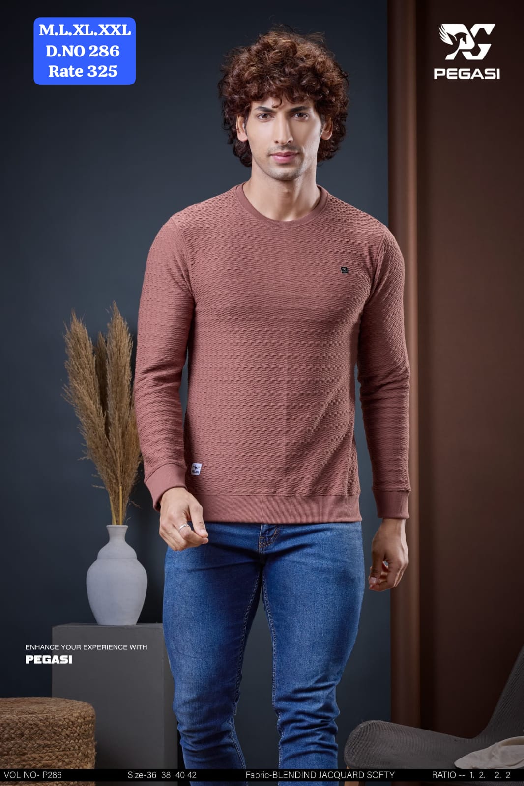 Men's Jacquard Softy Round Neck Full Sleeve T-Shirt | D.No. PG-286