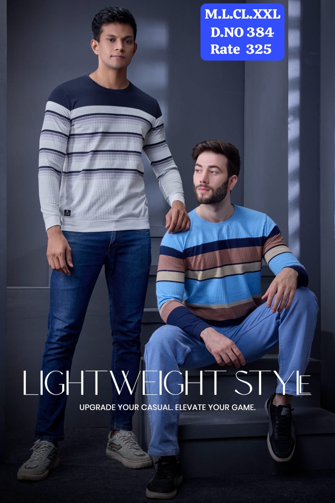 Men's Jacquard Vertical Autostripes Round Neck Full Sleeve T-Shirt | D.No.WL-384