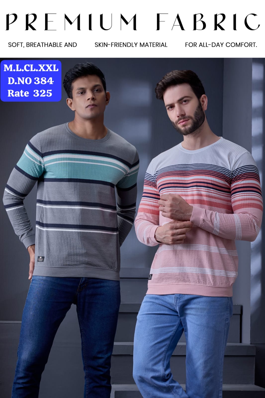 Men's Jacquard Vertical Autostripes Round Neck Full Sleeve T-Shirt | D.No.WL-384