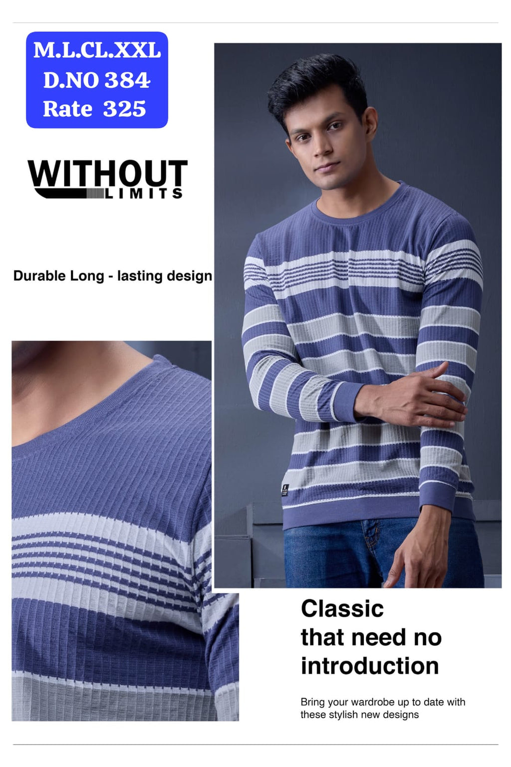Men's Jacquard Vertical Autostripes Round Neck Full Sleeve T-Shirt | D.No.WL-384