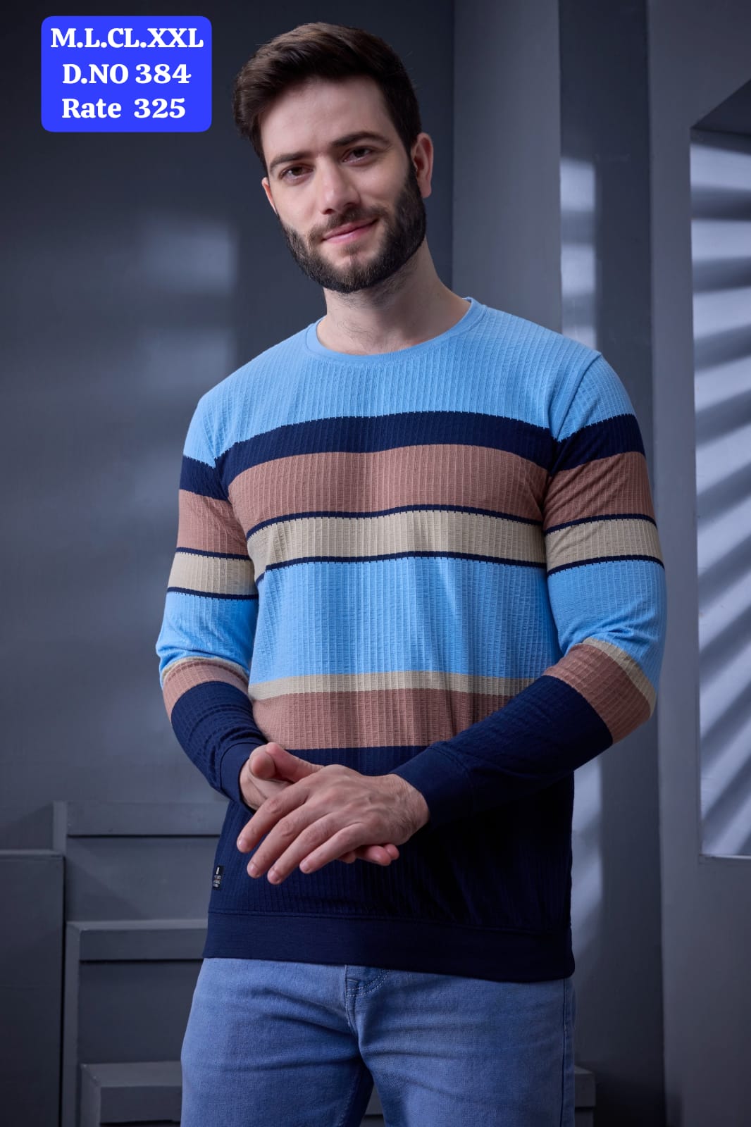 Men's Jacquard Vertical Autostripes Round Neck Full Sleeve T-Shirt | D.No.WL-384