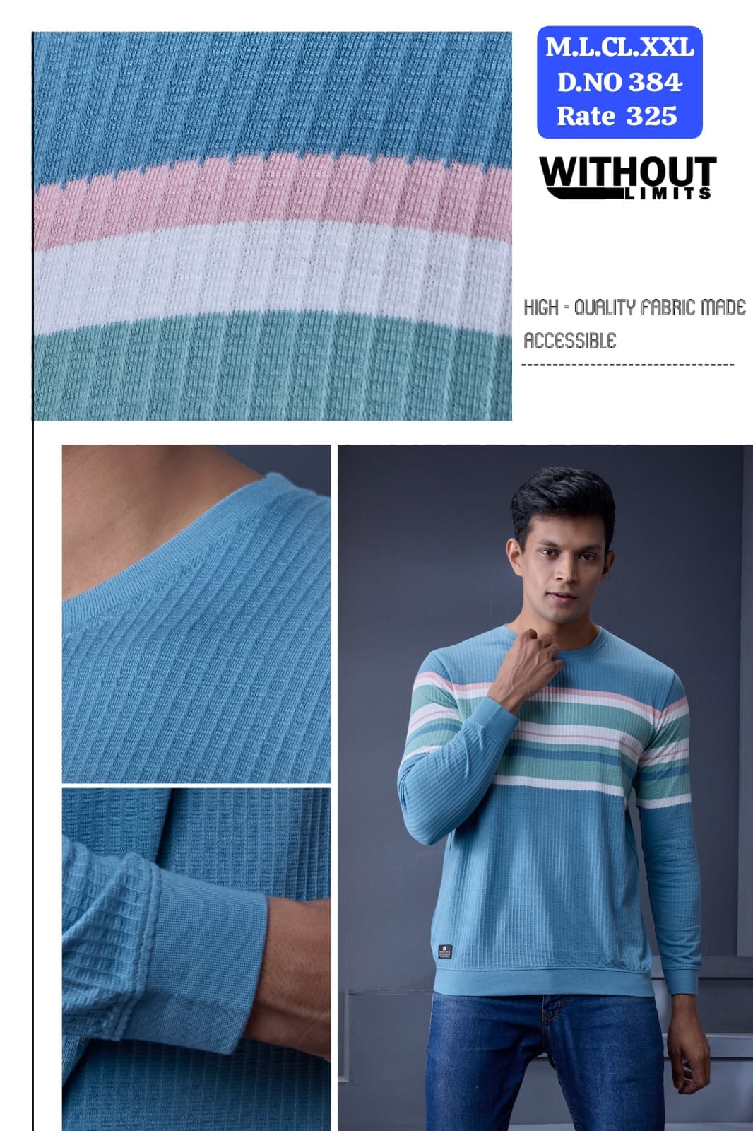 Men's Jacquard Vertical Autostripes Round Neck Full Sleeve T-Shirt | D.No.WL-384
