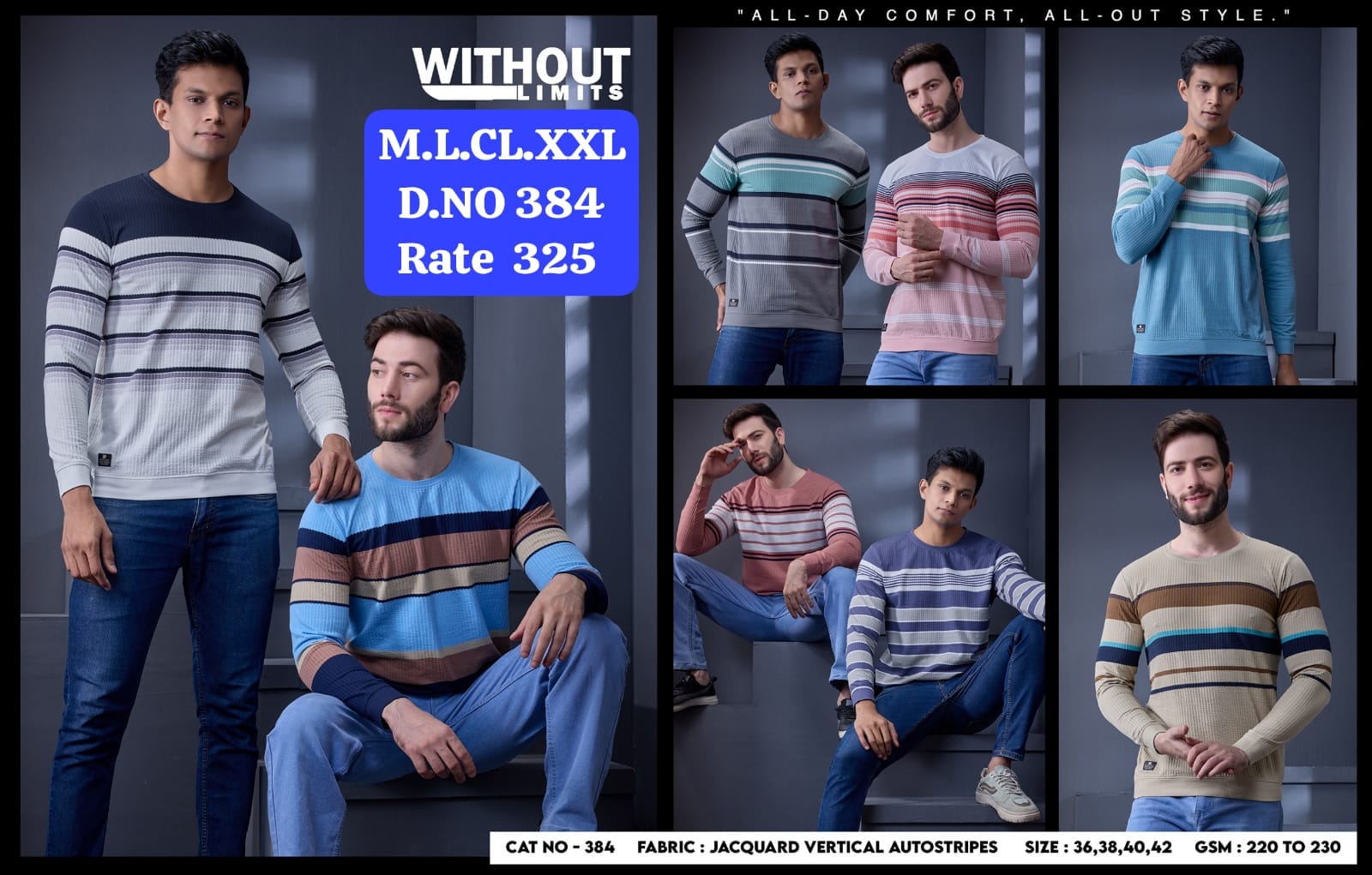 Men's Jacquard Vertical Autostripes Round Neck Full Sleeve T-Shirt | D.No.WL-384
