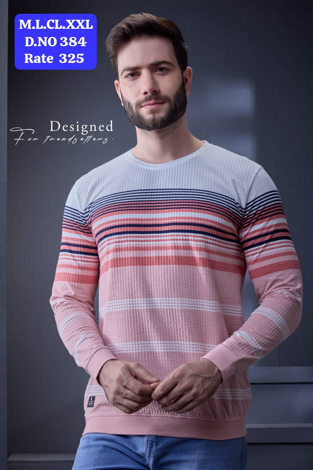 Men's Jacquard Vertical Autostripes Round Neck Full Sleeve T-Shirt | D.No.WL-384