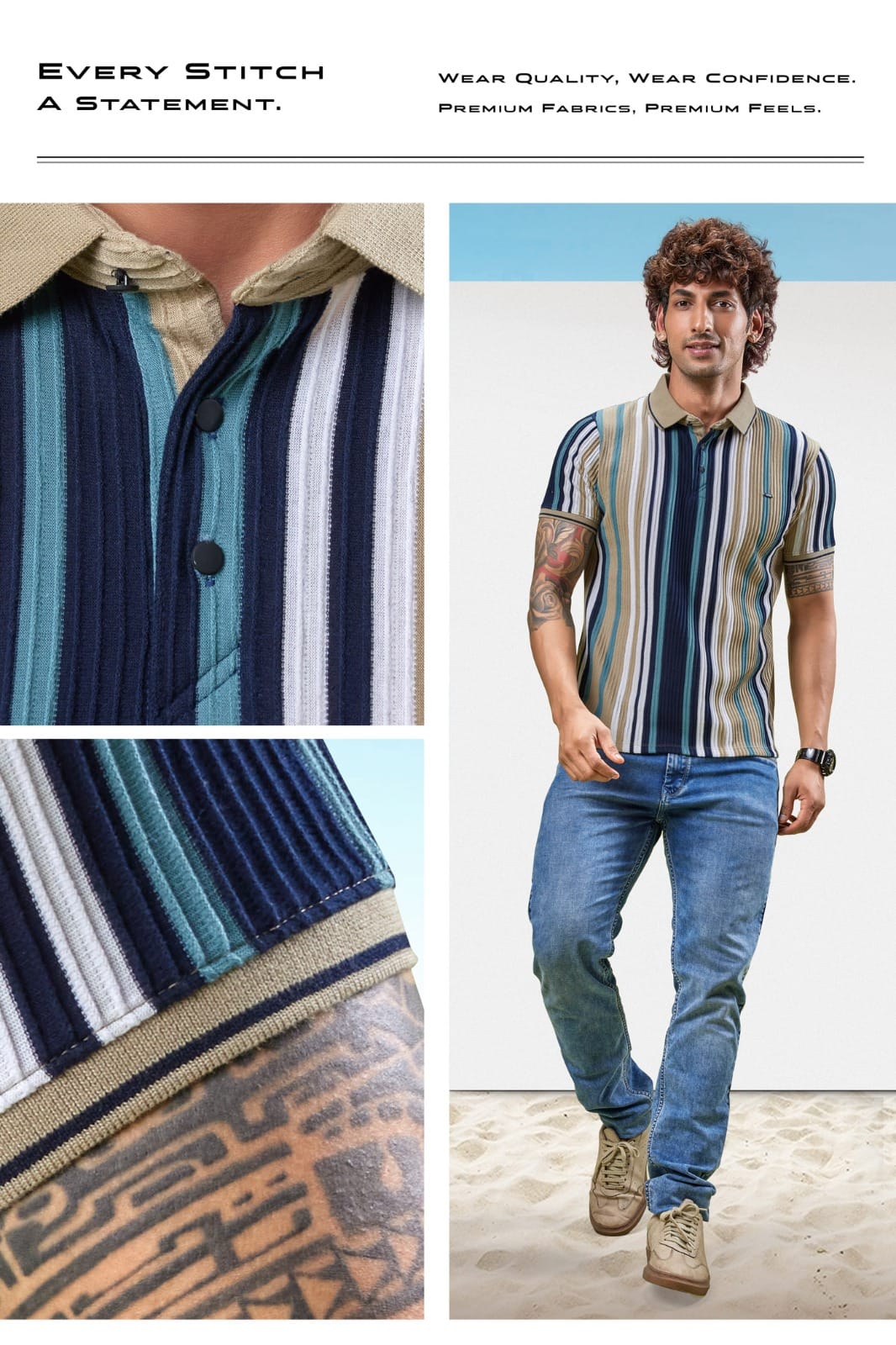 Men's Vertical Stripes Ribbed Collar Polo T-Shirt | Summer Stripes Collection | D.No. DLH-93
