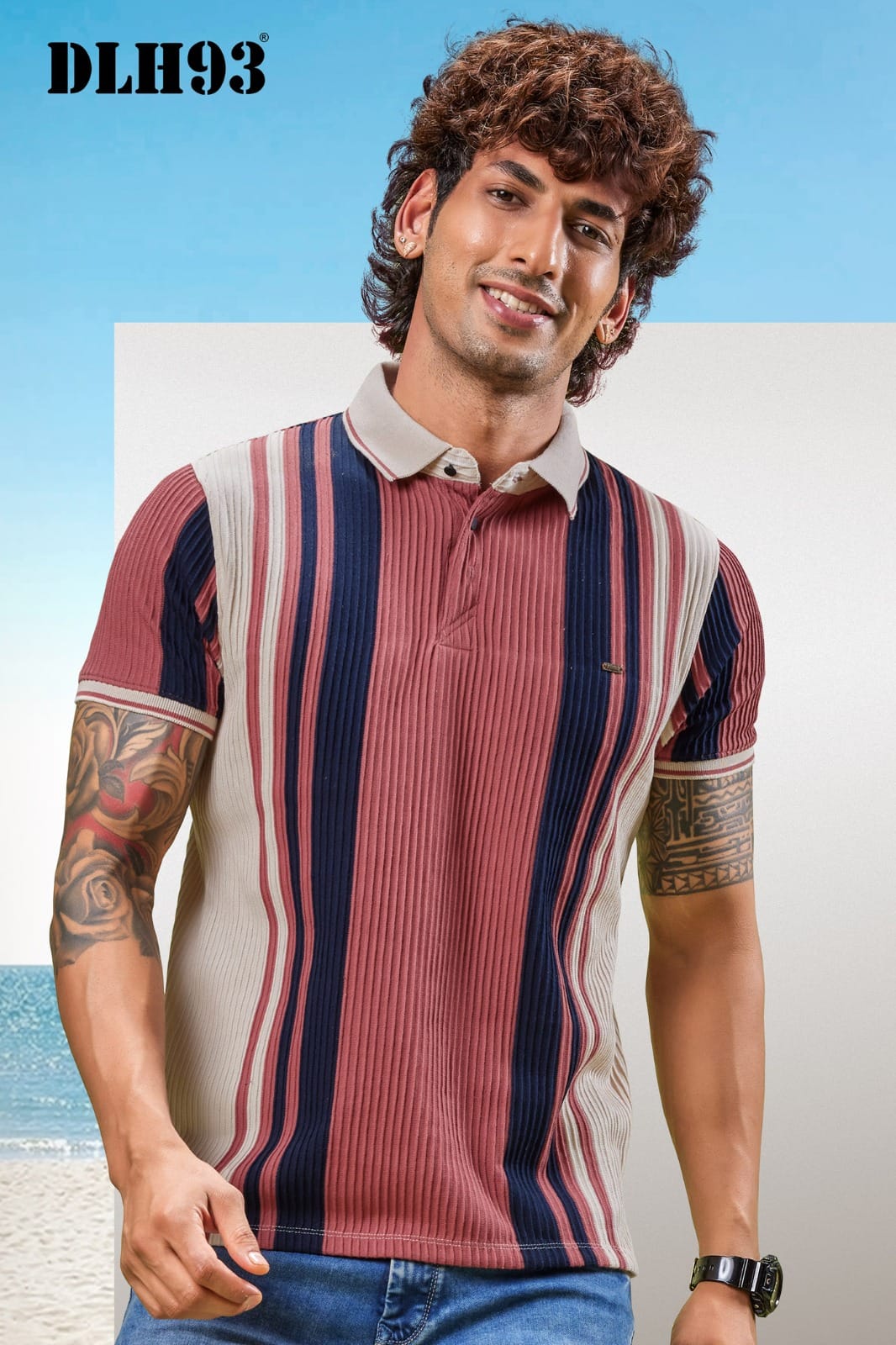 Men's Vertical Stripes Ribbed Collar Polo T-Shirt | Summer Stripes Collection | D.No. DLH-93