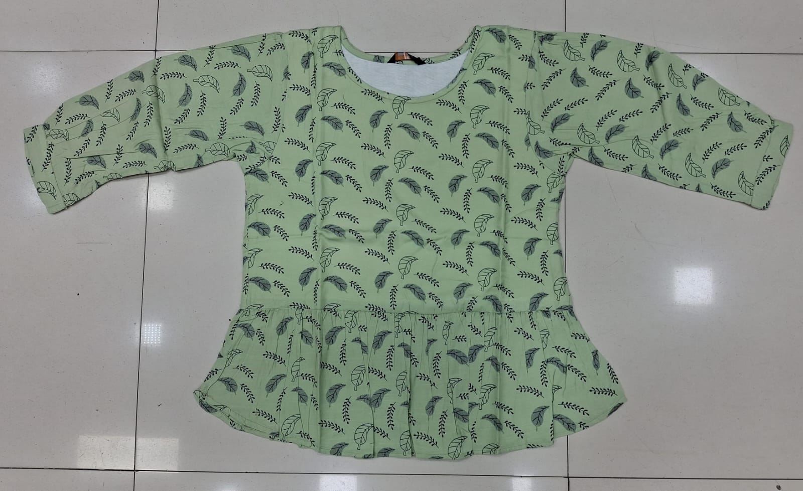 Mint Green Botanical Leaf Print Peplum Top | Women’s 3/4 Sleeve Casual Kurti Top  | Zero+1