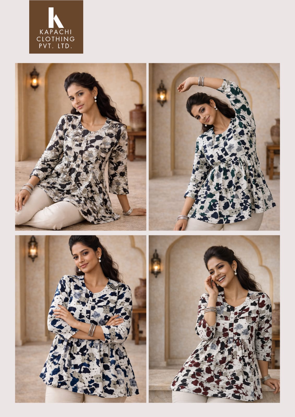 Abstract Floral Print Peplum Kurti Top | Button Placket | 3/4 Sleeves | Zero+1