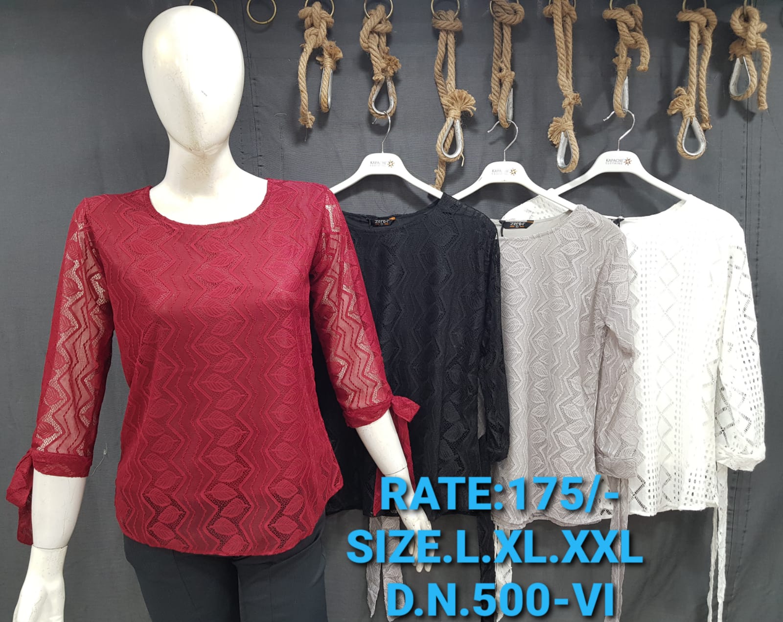 Zigzag Lace Net Top | Tie-Up Sleeves | D.N. 500-VI | Zero+1