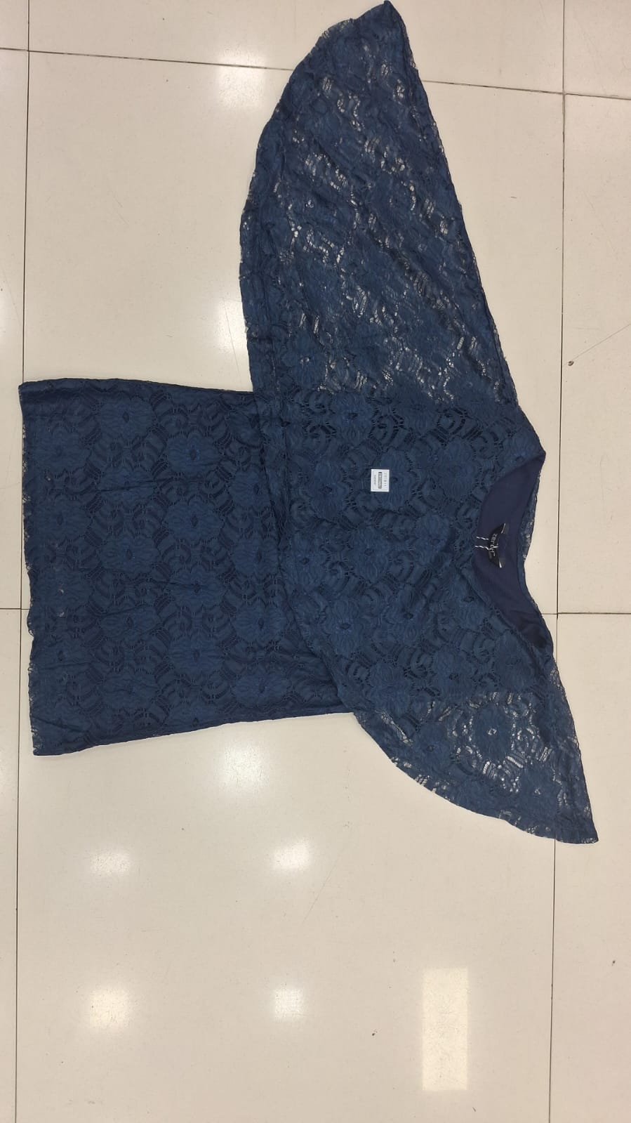 Navy Blue Shimmer Lace Top | Floral Embossed | Batwing Sleeves | Zero+1