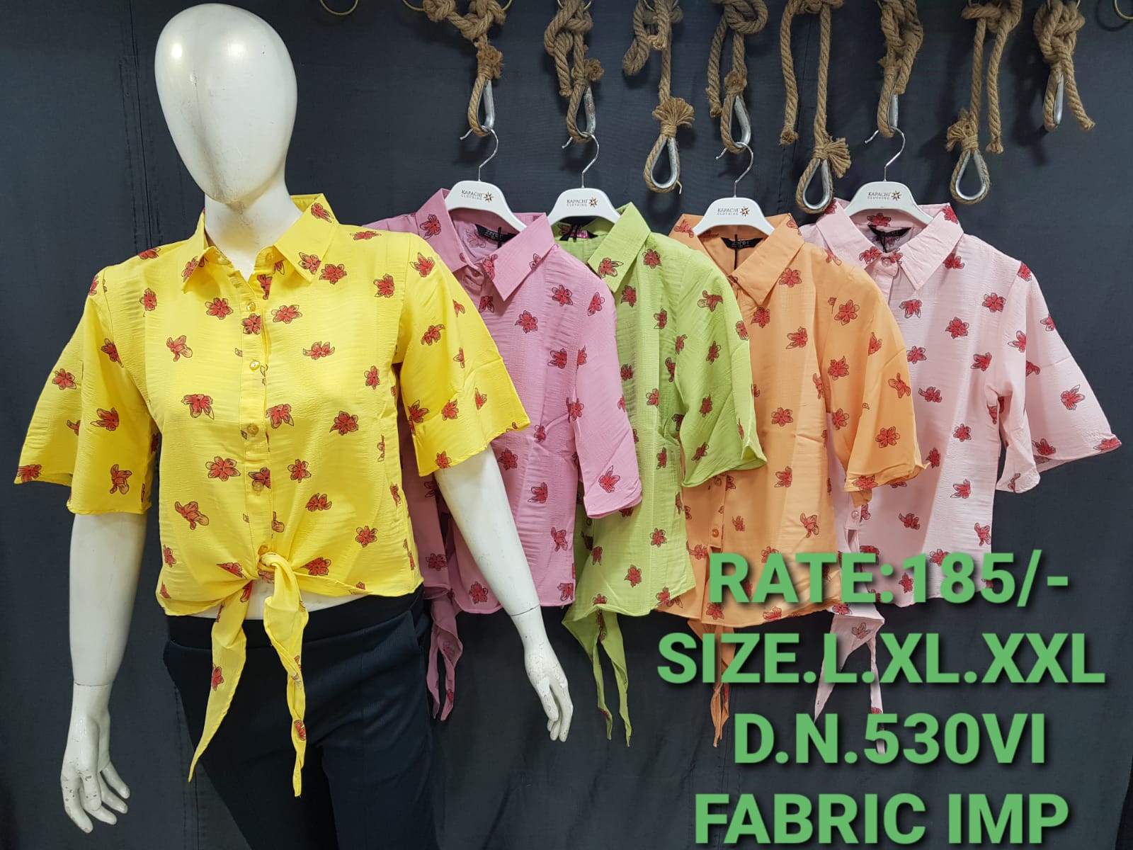 Tropical Floral Tie-Front Crop Shirt | Short Sleeves | Collar Neck | D.N. 530VI | Zero+1