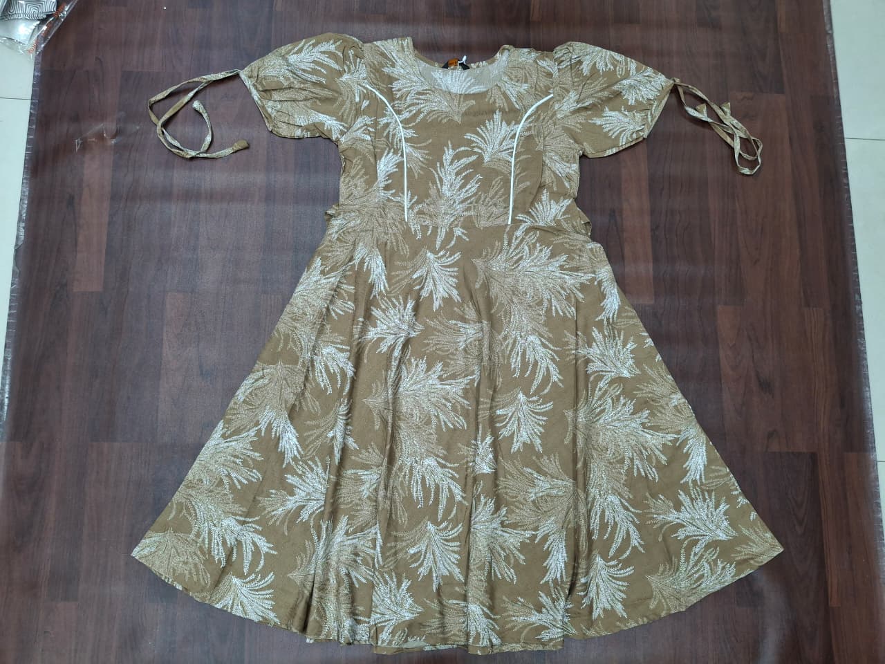 Tropical Leaf Print Fit & Flare Midi Dress | Tie-Up Sleeves | Round Neck | Miss Kapachi