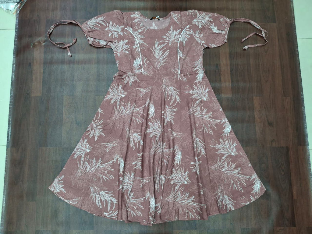 Tropical Leaf Print Fit & Flare Midi Dress | Tie-Up Sleeves | Round Neck | Miss Kapachi