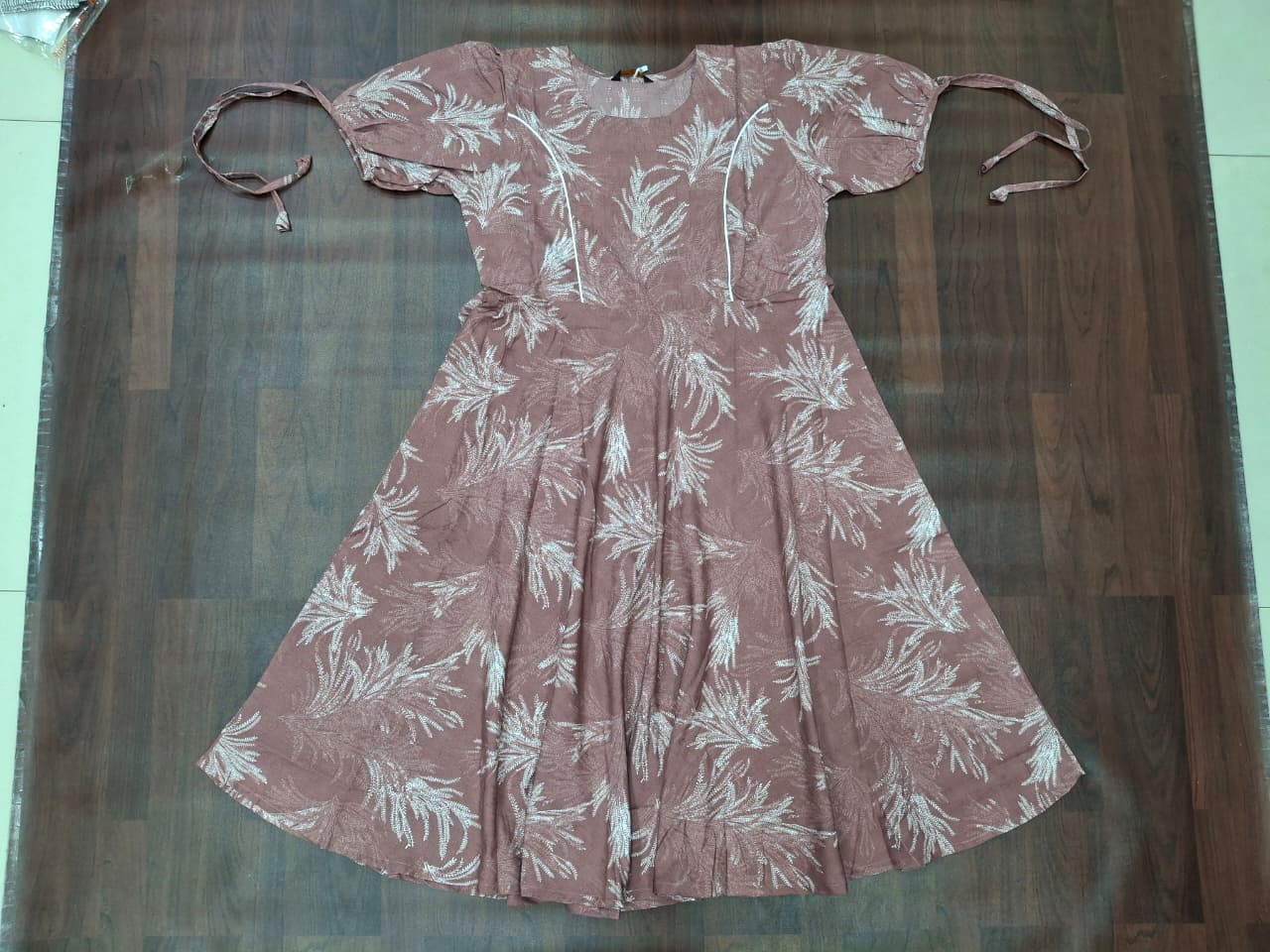 Tropical Leaf Print Fit & Flare Midi Dress | Tie-Up Sleeves | Round Neck | Miss Kapachi