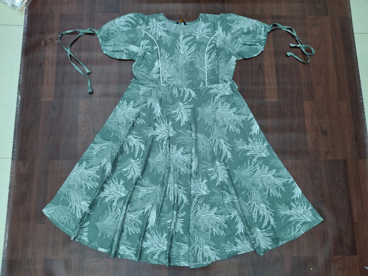 Tropical Leaf Print Fit & Flare Midi Dress | Tie-Up Sleeves | Round Neck | Miss Kapachi