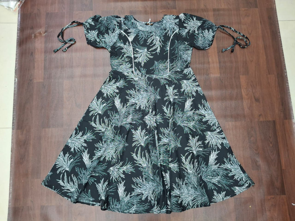 Tropical Leaf Print Fit & Flare Midi Dress | Tie-Up Sleeves | Round Neck | Miss Kapachi