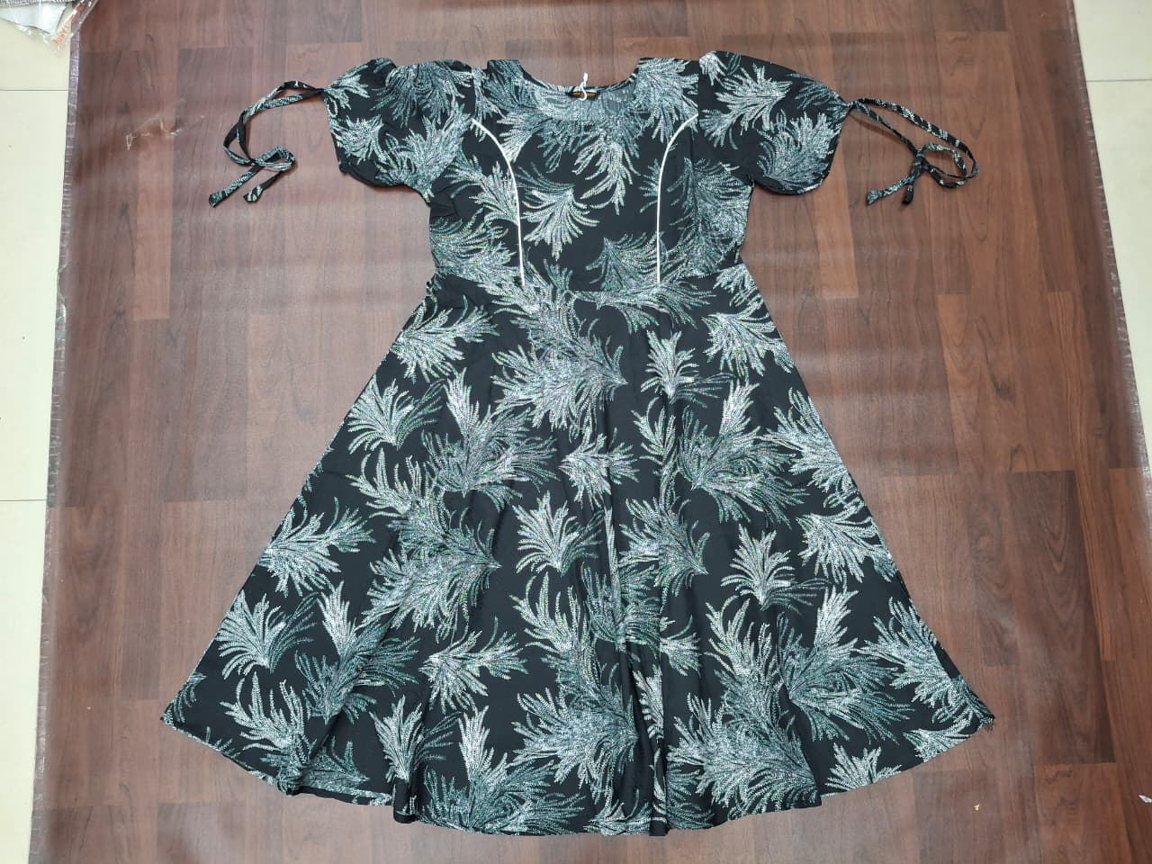 Tropical Leaf Print Fit & Flare Midi Dress | Tie-Up Sleeves | Round Neck | Miss Kapachi