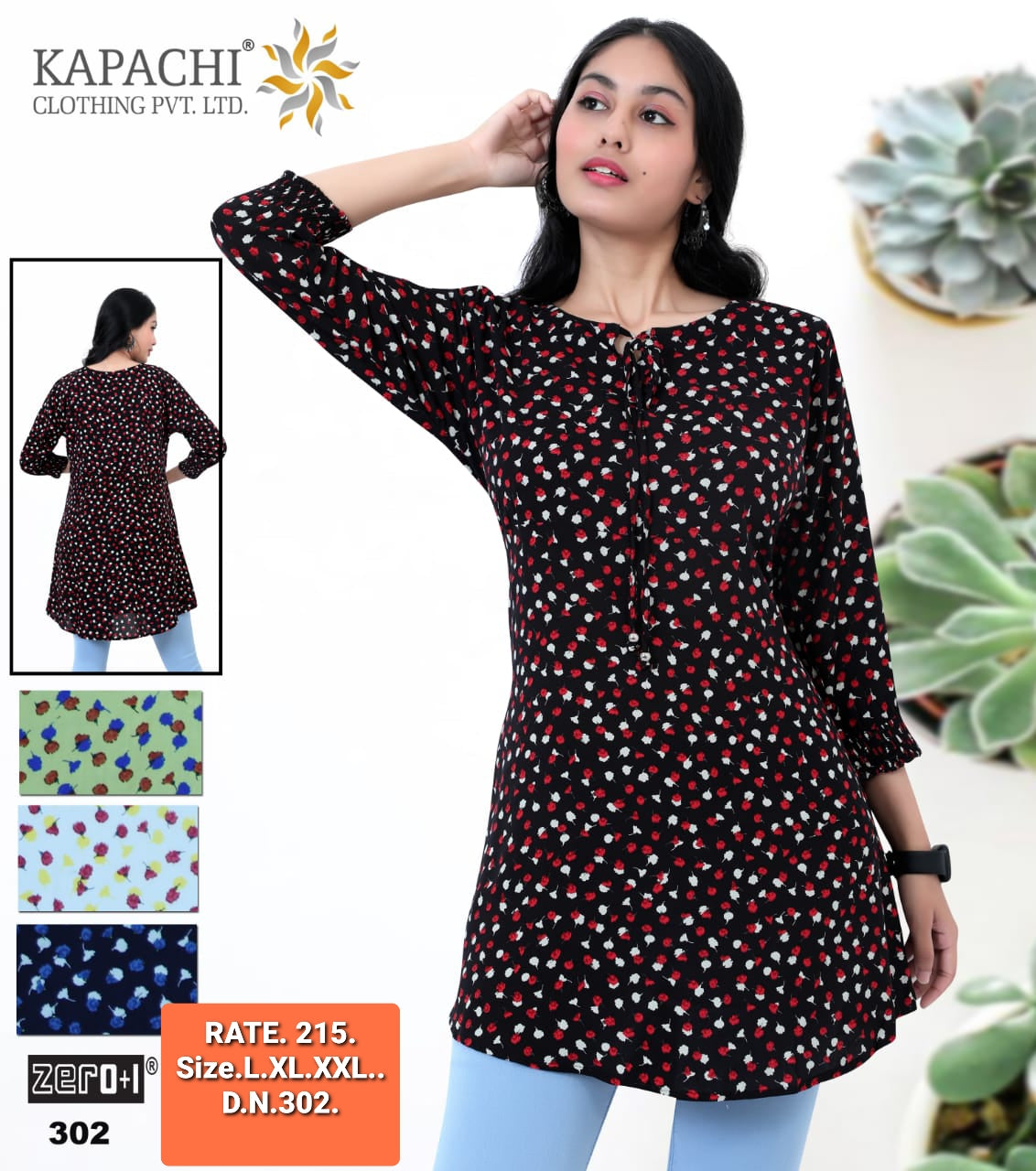 Women's Floral Printed Tie-Neck Tunic | A-Line Frill Cuff Top | Sizes L-XXL | Zero+1