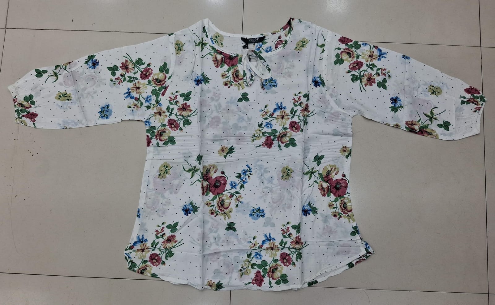 Women's Floral Bouquet & Polka Dot Print Top | Bow Tie Neck | Full Sleeve | Sizes L-XXL | Zero+1
