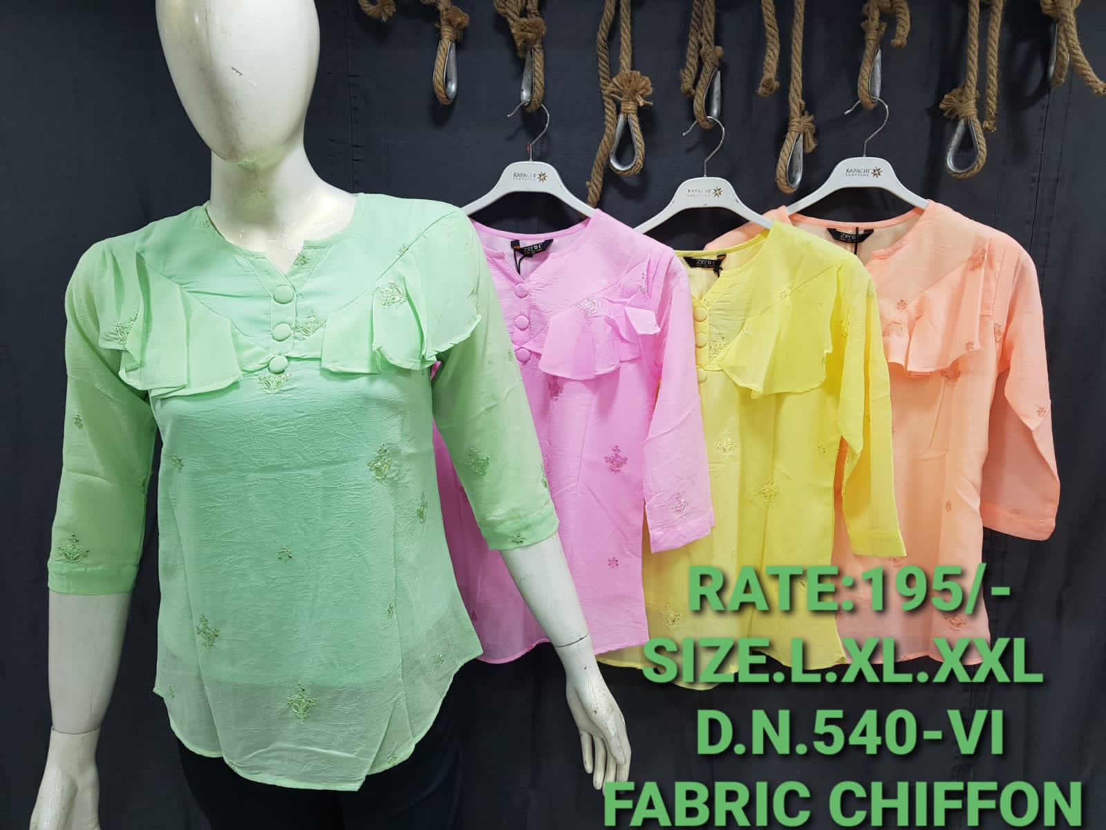 Chiffon Ruffle Neck Embroidered Top | Pastel Women's Top | Zero+1