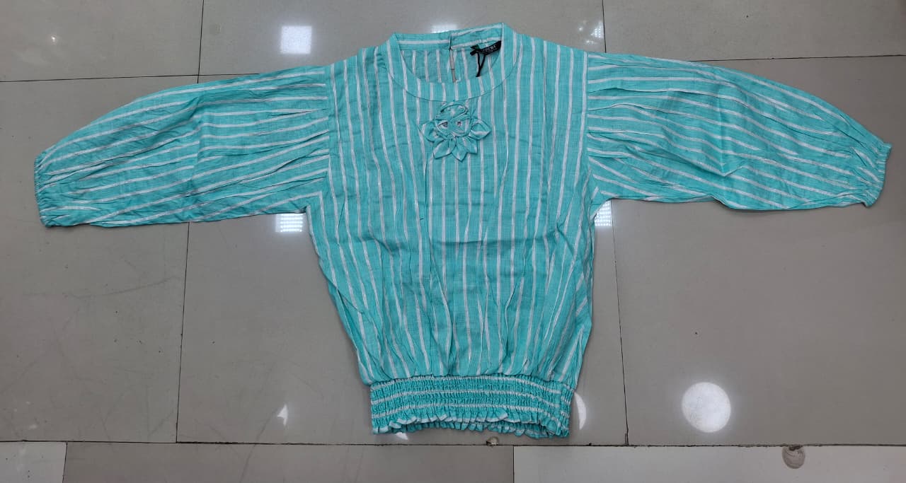 Striped Elasticated Hem Top with Floral Appliqué | Women's Full Sleeve Mint Green Blouse | Zero+1