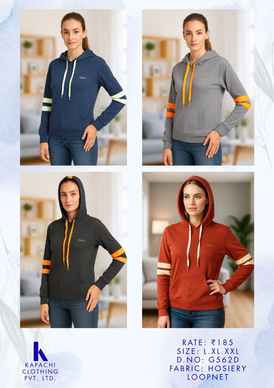 Women's Stripe Sleeve Pullover Hoodie | Hosiery Loopnet | 4 Colours | D.N. G562D | Zero+1