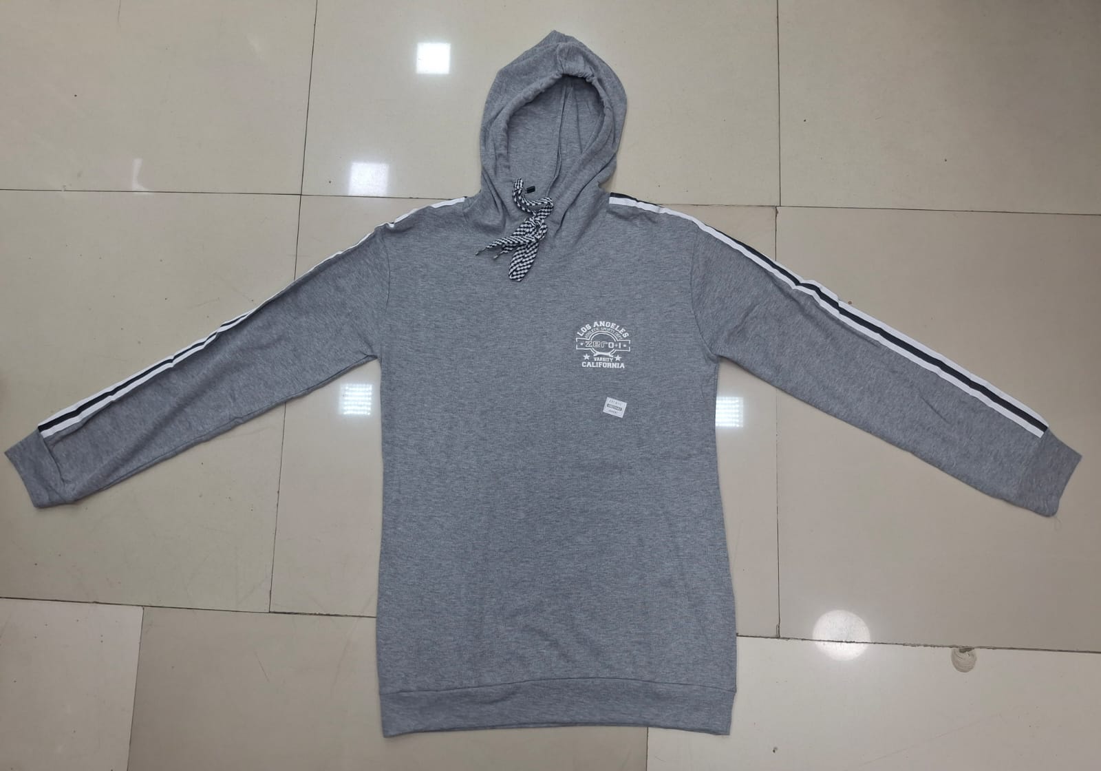 Los Angeles Graphic Stripe Sleeve Hoodie | Unisex Grey Melange Longline Sweatshirt | Zero+1