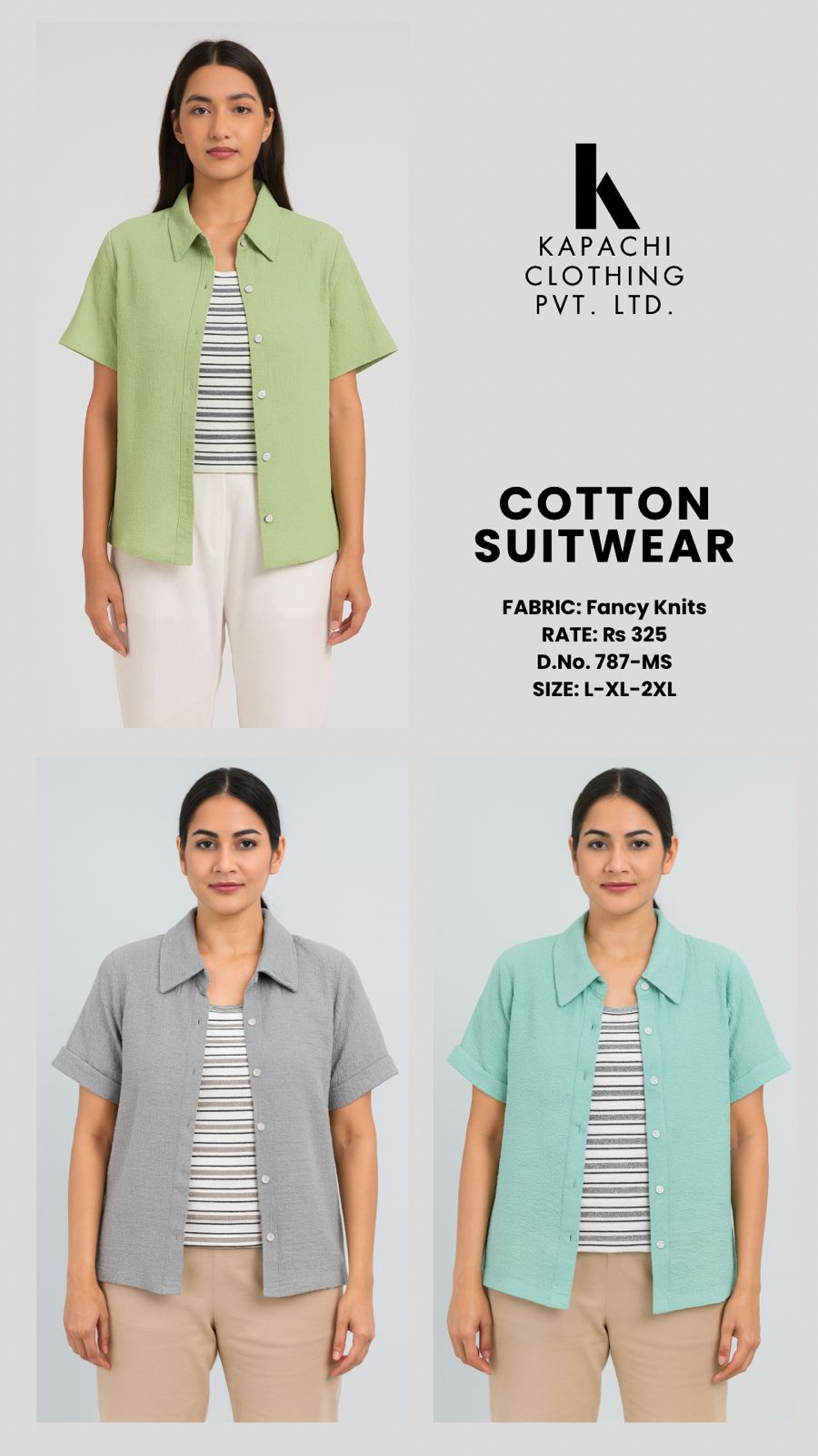 Women Cotton Suitwear Short Sleeve Shirt – Solid Colours | D.No. 787-MS |Zero+1