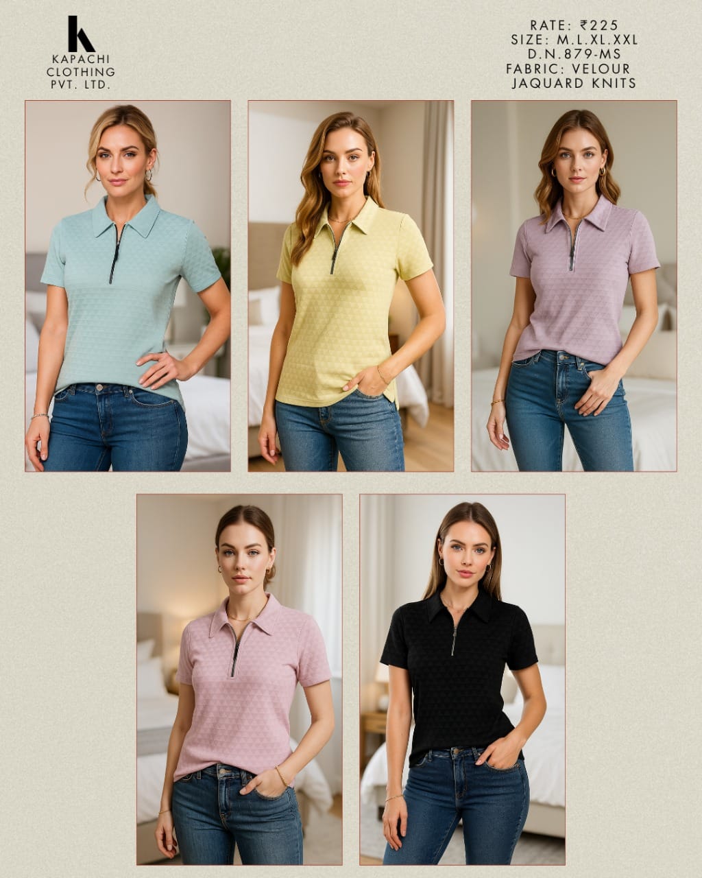 DN879-MS Women's Zip Polo Top – Velour Jacquard Knits | M L XL XXL |Miss Kapachi