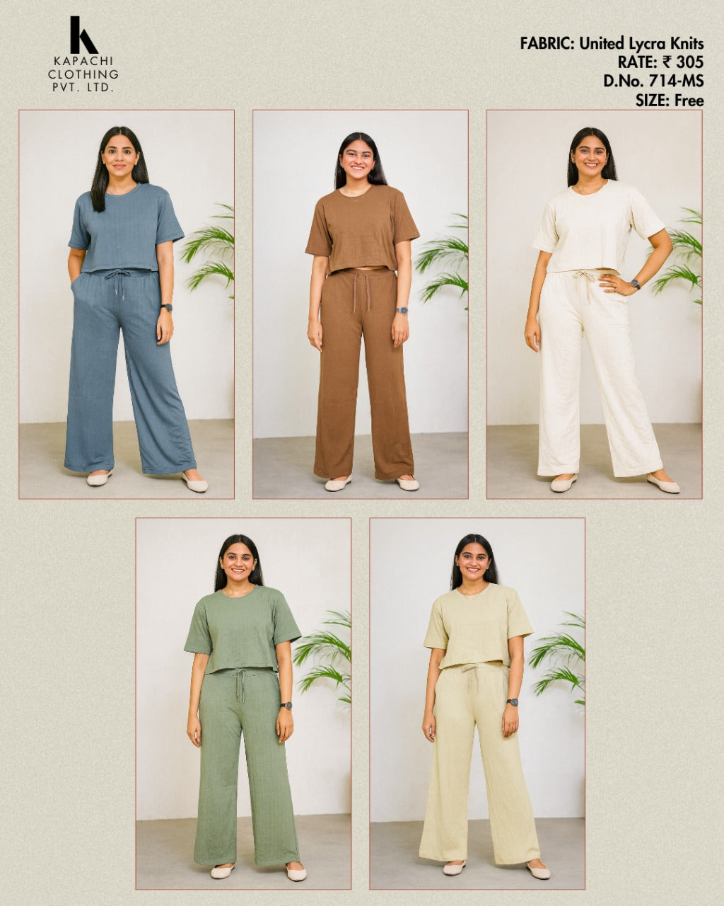 DN714-MS Women's Co-ord Set – United Lycra Knits | Crop Top & Wide Leg Pants | Free Size