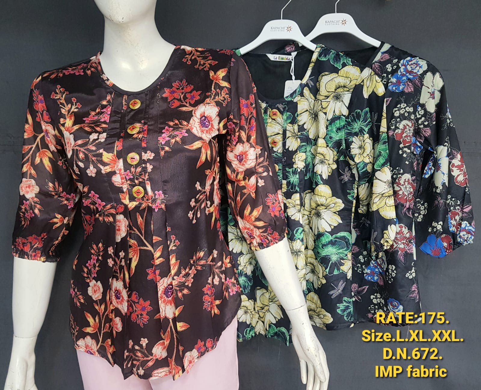 DN672 Women's Floral Print Top – IMP Fabric | Button Detail | 3/4 Sleeves | L XL XXL |Miss Kapachi