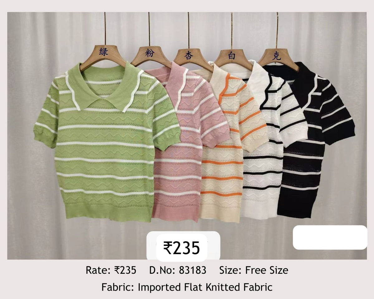 Open Collar Stripe Hollow Knit Top | Imported Knitted Fabric | Free Size
