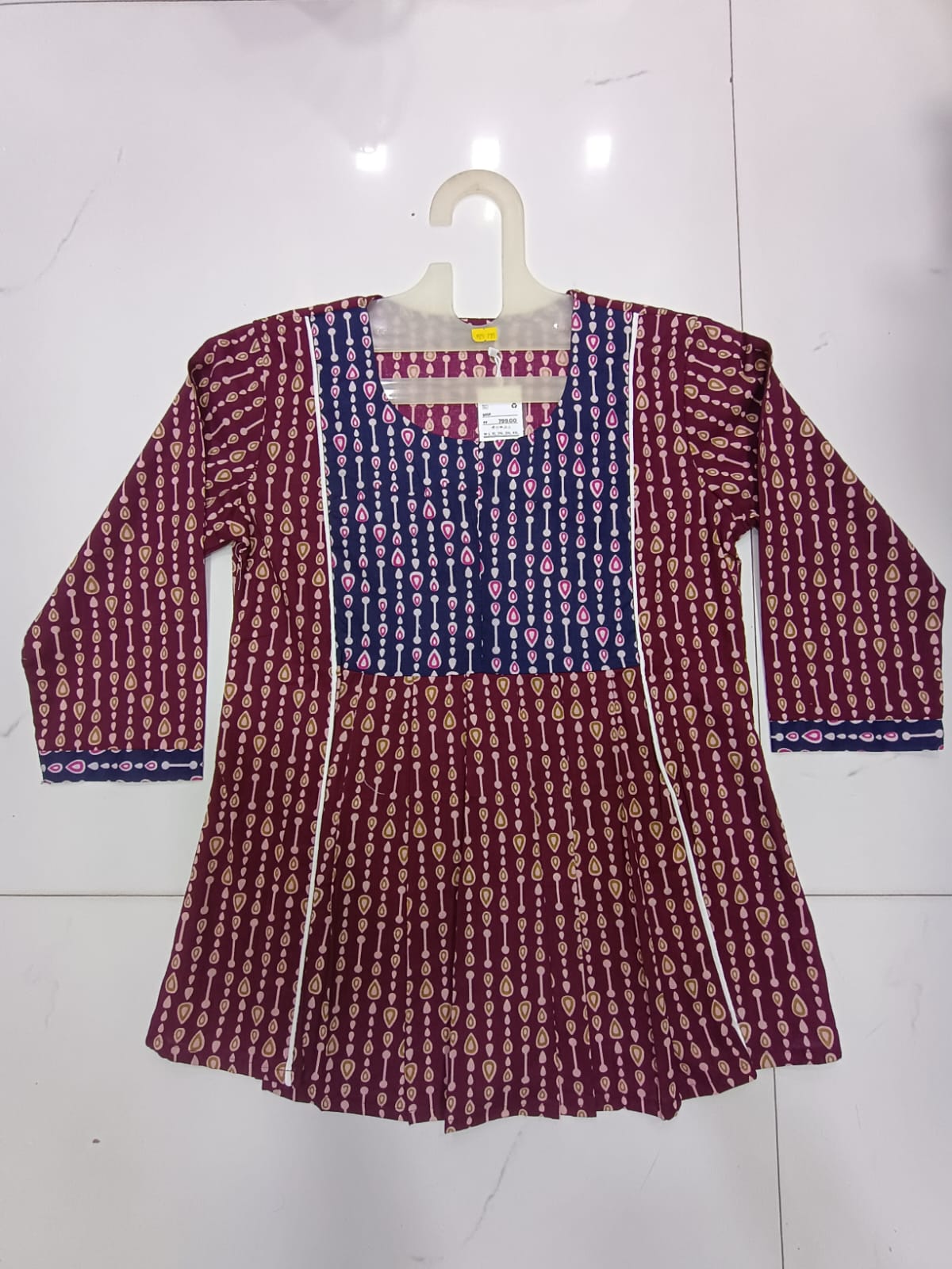 Printed Flared Kurti with Contrast Panel | Maroon & Navy |Miss Kapachi