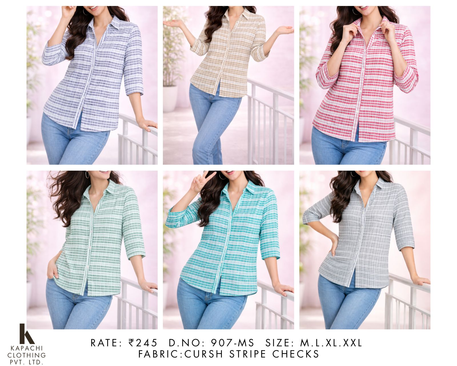 Women's Stripe Check Shirt – 3/4 Sleeve Button-Down | Cursh Fabric | Miss Kapachi