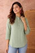 Sage Green Pintuck Mandarin Collar Top for Women - 3/4 Sleeve Indo-Western Fusion - Kapachi Clothing