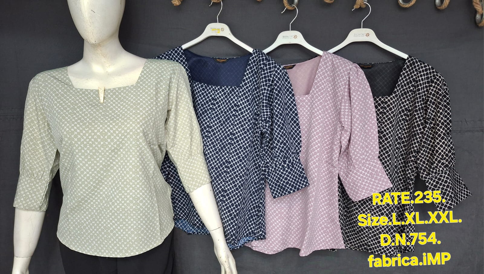 Kapachi 754-MS geometric diamond print imported fabric top for women in 4 colours – light grey, navy blue, mauve pink, charcoal black – keyhole neck, 3/4 sleeves, sizes L to 2XL