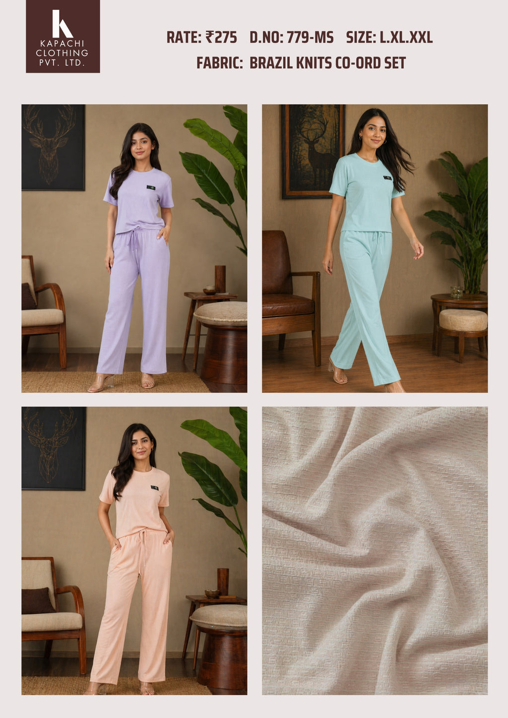 Kapachi 779-MS Brazil knits co-ord set for women in 3 pastel colours – lavender, mint blue, peach – T-shirt and straight-leg drawstring pants, sizes L to 2XL