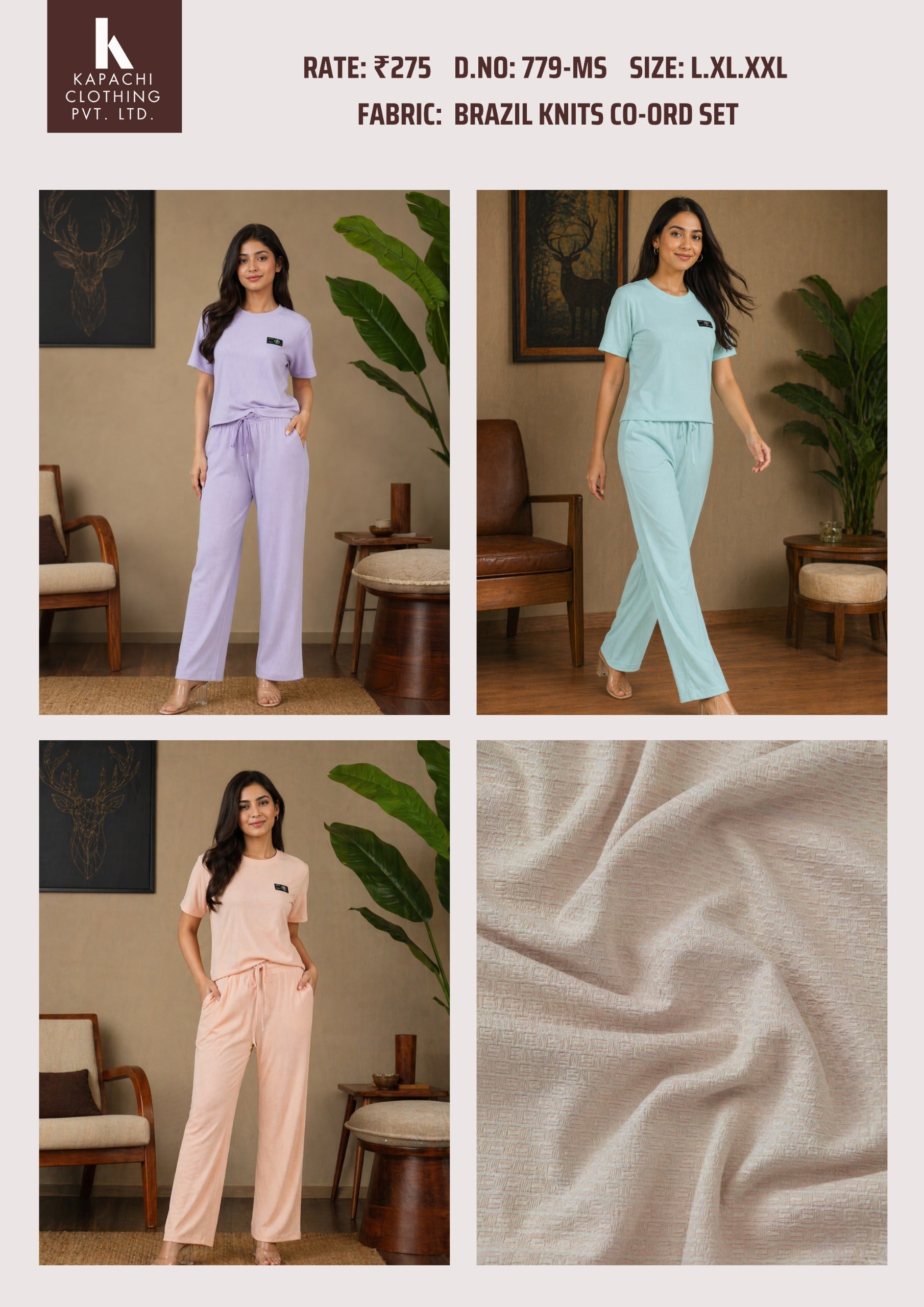 Kapachi 779-MS Brazil knits co-ord set for women in 3 pastel colours – lavender, mint blue, peach – T-shirt and straight-leg drawstring pants, sizes L to 2XL