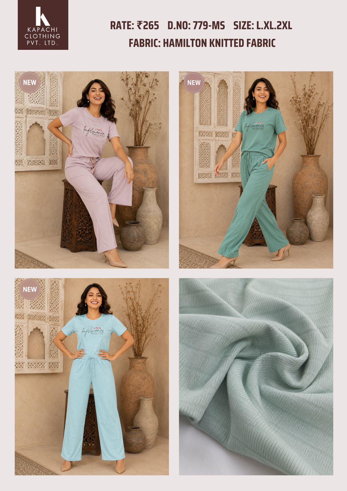 Kapachi 779-MS Hamilton knitted co-ord set for women in 3 pastel colours – lavender, sage green, sky blue – T-shirt and wide-leg drawstring pants, sizes L to 2XL