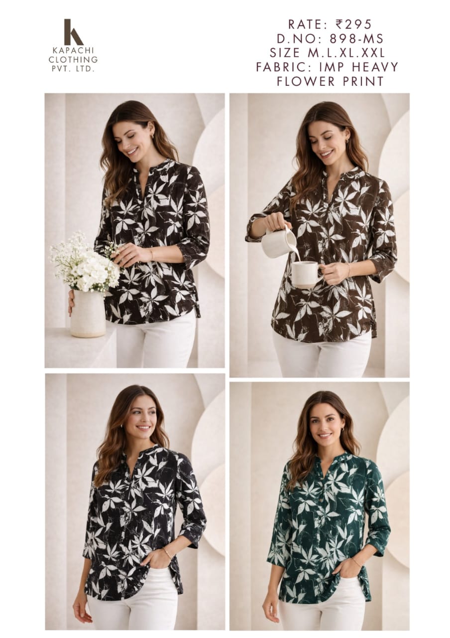 Tropical Leaf Print Top for Women - Mandarin Collar 3/4 Sleeve - Sizes M L XL XXL - 4 Colour Variants - D.No. 898-MS - Kapachi Clothing