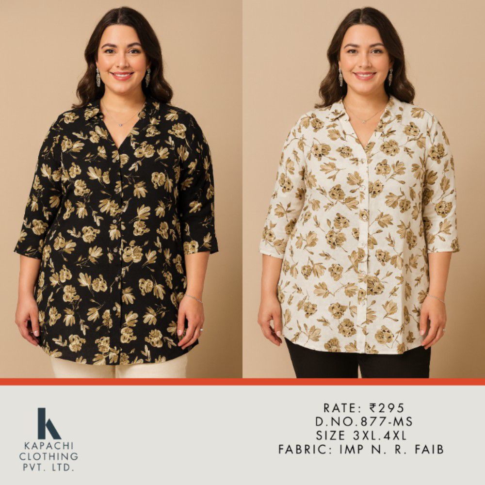 Golden Floral Print Longline Shirt for Women Plus Size 3XL 4XL - Collar Neck Button Down - D.No. 877-MS - Kapachi Clothing