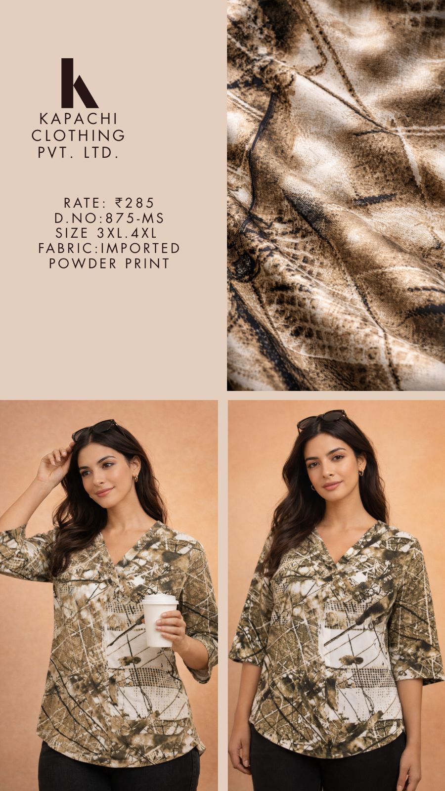 Abstract Snake Print Top for Women Plus Size 3XL 4XL - V-Neck 3/4 Sleeve - Earthy Tones - D.No. 875-MS - Kapachi Clothing