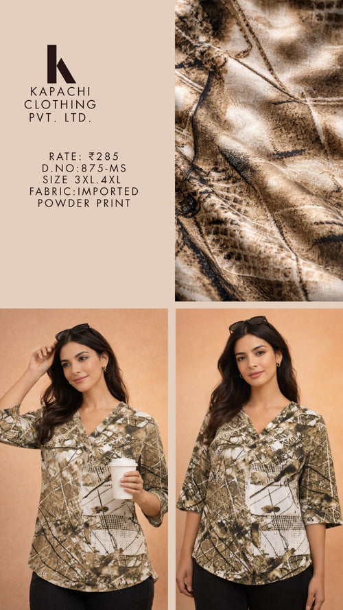 Abstract Snake Print Top for Women Plus Size 3XL 4XL - V-Neck 3/4 Sleeve - Earthy Tones - D.No. 875-MS - Kapachi Clothing